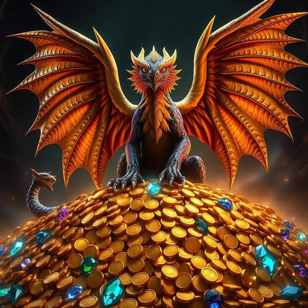 Unleash your imagination with this stunning fantasy creature wallpaper, featuring a majestic dragon guarding a treasure trove of gold coins and precious gems.