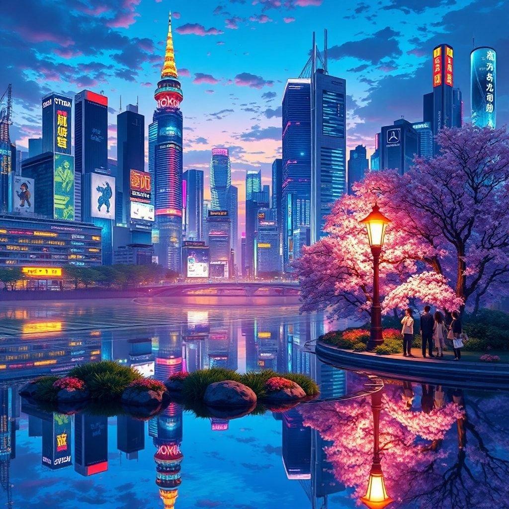 Dyk ner i den livfulla världen av anime med denna fantastiska Tokyo stadsbild bakgrund, där neonskyltar dansar över den lugna sjön och de livliga gatorna blir levande vid skymningen.