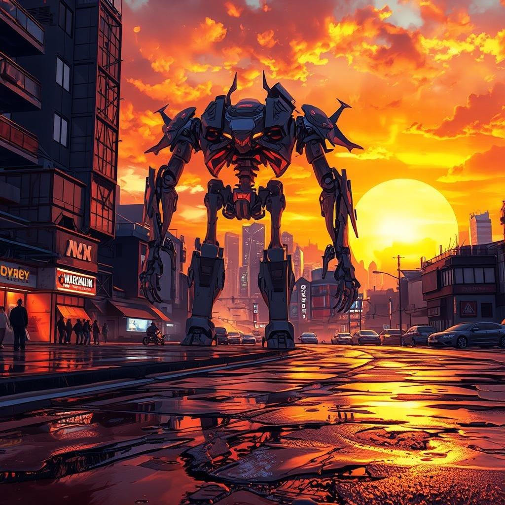 Erleben Sie die lebendigen Farben eines Sonnenuntergangs in einer futuristischen Stadtlandschaft mit einem riesigen Roboter und einem Skelett in der Ferne.