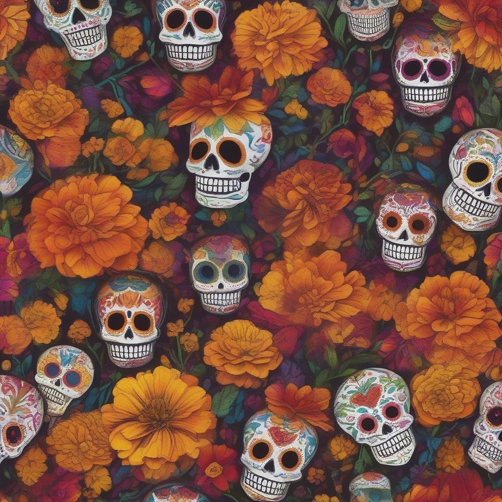 Vibrant wallpaper celebrating the Mexican holiday, Day of the Dead (Día de los Muertos), with a floral background featuring skulls painted in traditional sugar skull designs.