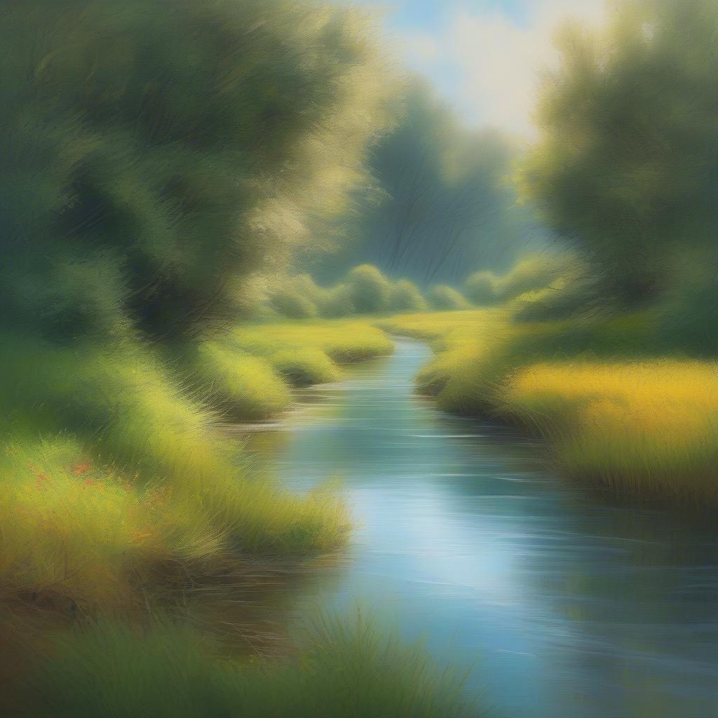 This peaceful scene captures the essence of a tranquil river winding its way through a lush, green field. The water's gentle flow and the surrounding verdant landscape evoke a sense of calm and connection with nature.