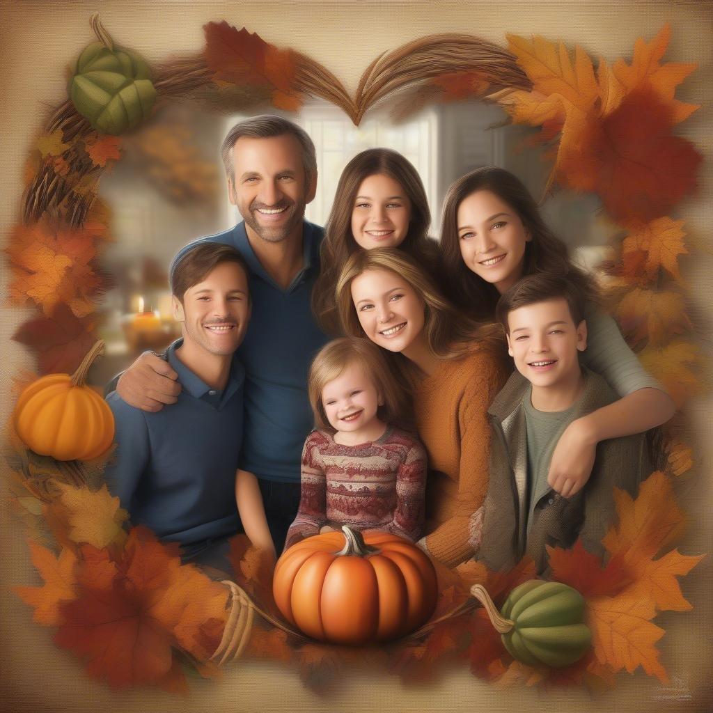 A warm family gathering around the fall table, ready to celebrate their harvest season with turkey and cheer.