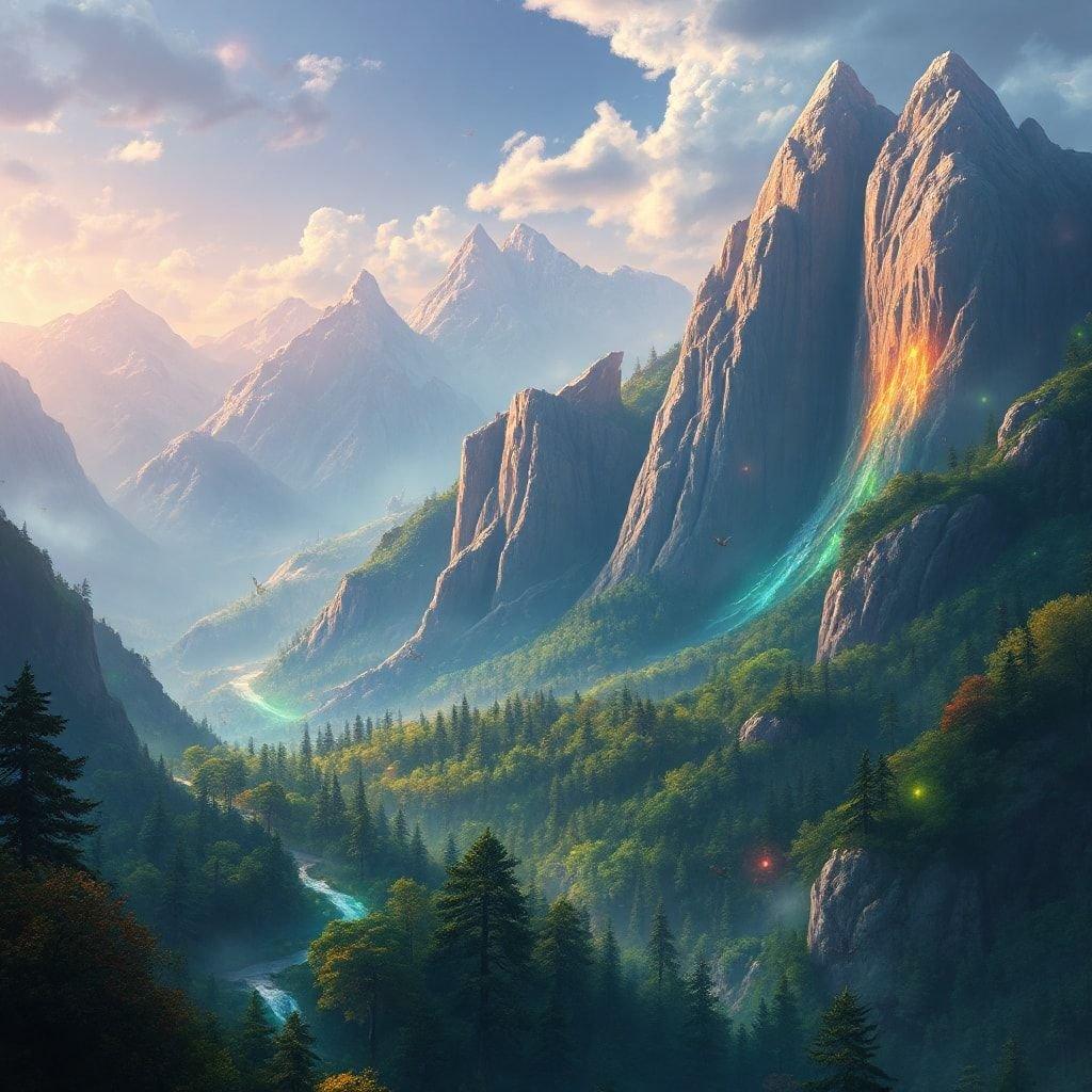 A fantastical mountain landscape, possibly inspired by the tales of the mythical 'Shire' in Middle-earth. The image captures a serene and otherworldly scene with a river meandering through verdant forest and majestic mountains, under the soft glow of dawn or dusk.