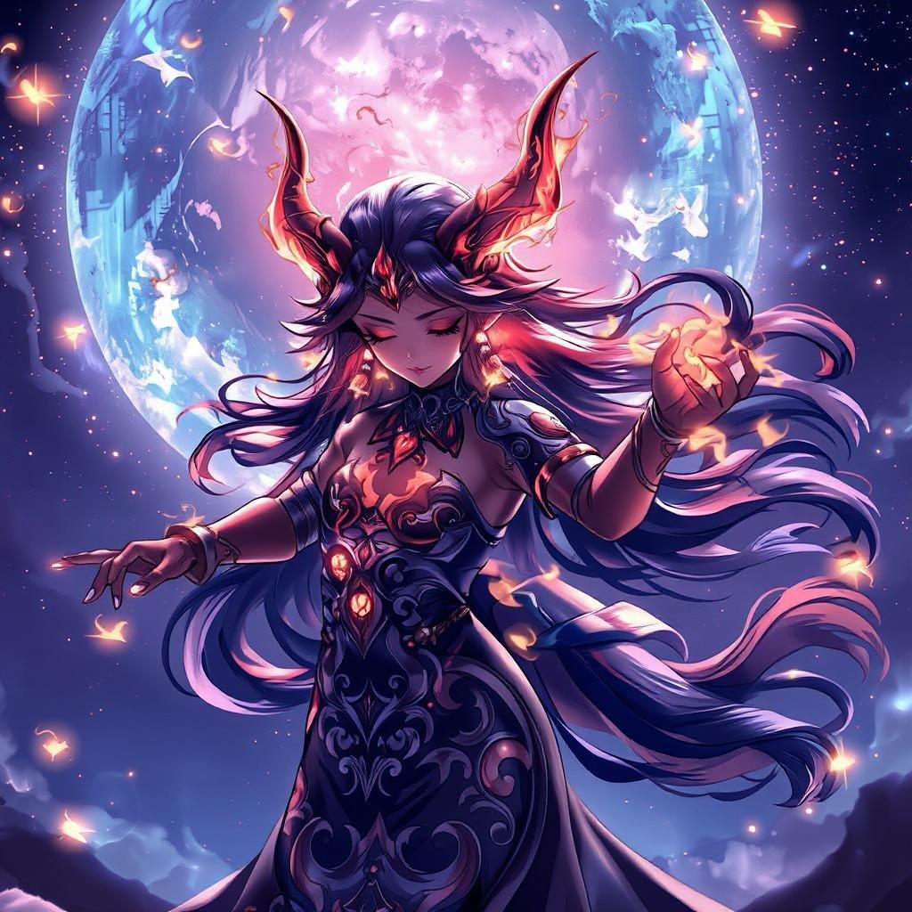 This captivating anime-style illustration features a shamaness dancing with fireflies under a starry night sky, surrounded by a galaxy of stars. The shamaness's body is adorned with intricate patterns and a glowing red horn, while her eyes are closed, adding an air of warmth to the scene. The illustration captures a moment of tranquility, focusing on the shamaness's energetic movement.