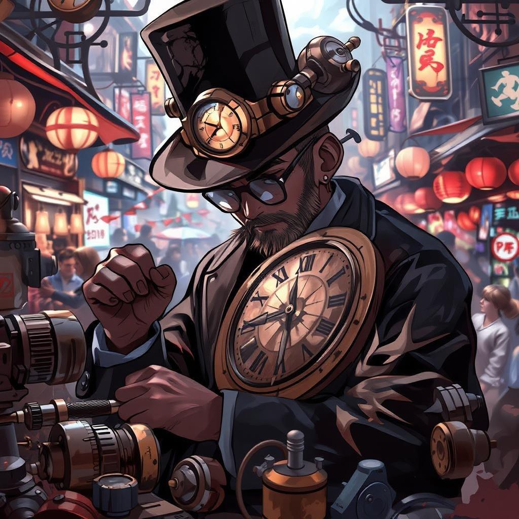 Steg in i den fantasifulla världen av steampunk med denna fängslande digitala illustration. En skicklig uppfinnare är djupt försjunken i att pilla med en stor klocka, omgiven av en mängd maskiner och utrustning som utstrålar en anime-liknande charm. De intrikata detaljerna på uppfinnarens tinkering-hatt och kostym är ett bevis på hantverket och kreativiteten i denna steampunk-inspirerade scen.