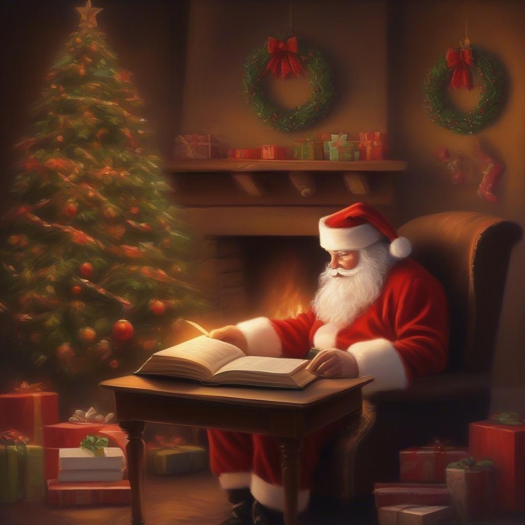 A cozy scene capturing the essence of Christmas. Santa Claus, in his classic red suit, is seated comfortably in a chair with a warm fire burning behind him. He is engrossed in reading from a book placed on a wooden table, suggesting a moment of quiet contemplation or perhaps preparing for a heartfelt speech. The room is adorned with the festive spirit of Christmas decorations, including garlands and presents scattered about, adding to the warmth of the scene.