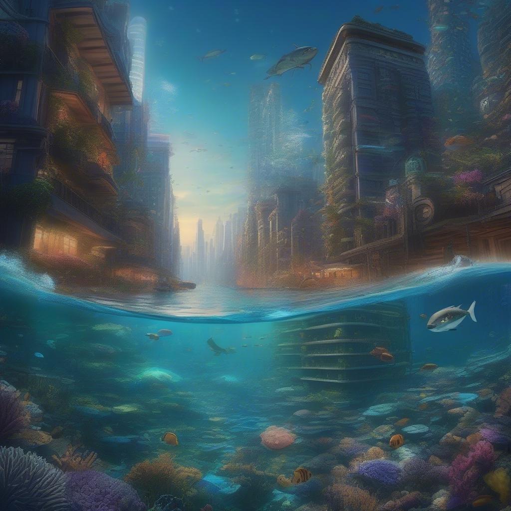 A futuristic underwater city, bathed in the glow of a sunset. The scene is alive with marine life, from small fish to towering coral structures.