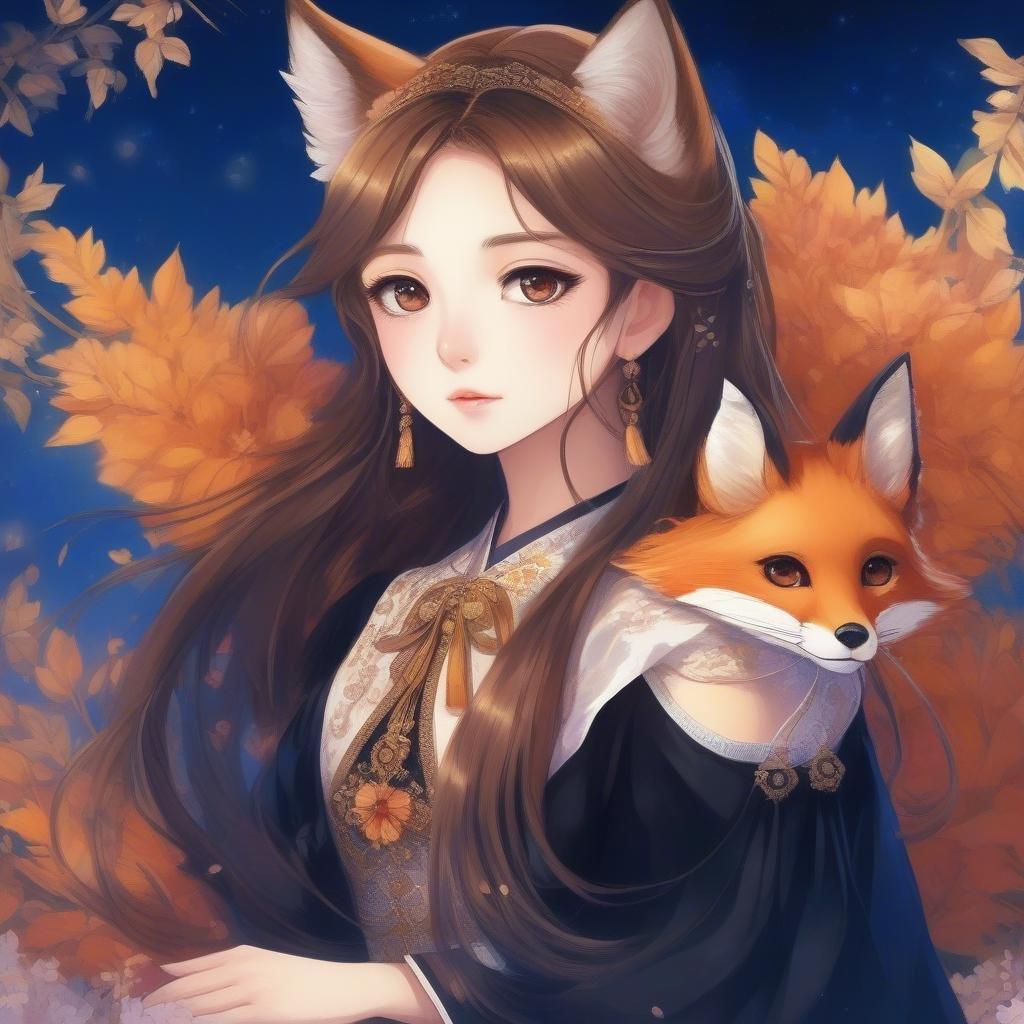 This stunning anime illustration features a young girl with long brown hair, sitting on the shoulder of a fox. The girl's gaze is fixed on the viewer, creating a sense of connection and intrigue. The deep blue background adds a touch of mystery to the scene, while the fox's vibrant colors bring a sense of life and energy to the image. The illustration captures a moment of tranquility, making it a beautiful and captivating wallpaper for desktop and mobile use.