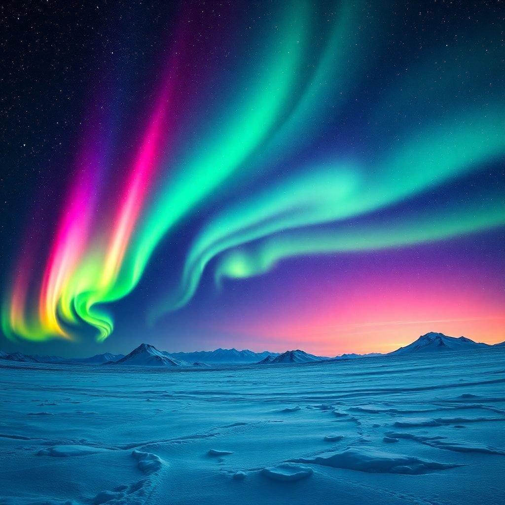 A breathtaking display of the aurora borealis in the night sky, set against a backdrop of snow-covered mountains and a starry expanse.