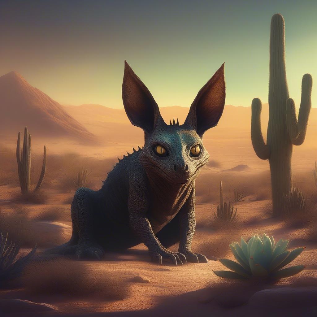 This fantasy creature seems to have wandered out of a storybook into the desert. Sitting comfortably amidst the cacti, it gazes directly at you with a calm and curious demeanor.