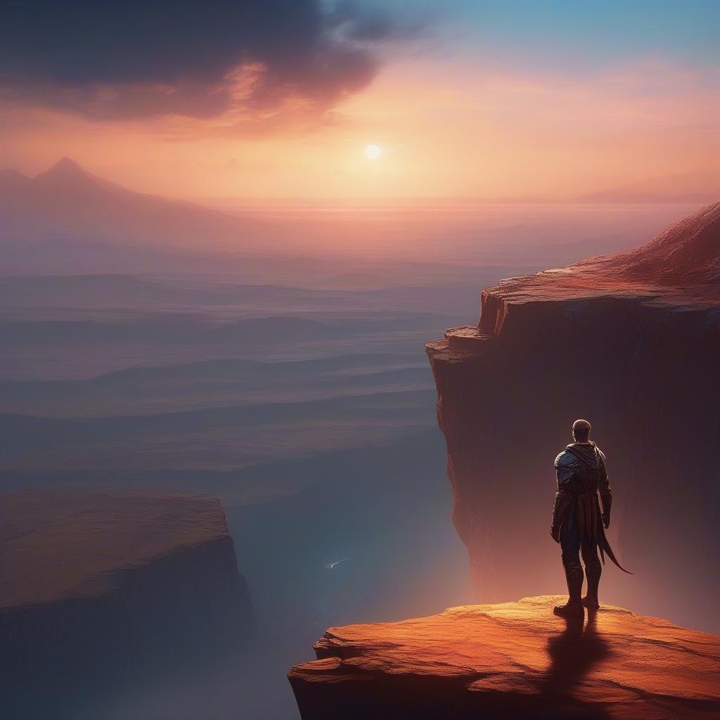 A lone warrior watches as the sun sets over a barren, alien landscape. The image captures the tranquility before a journey into an unknown adventure.