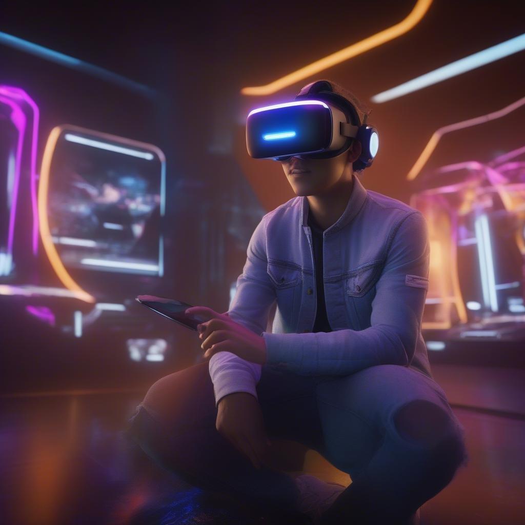 A young adult immersed in an advanced virtual learning environment, complete with futuristic VR headset and a sleek tablet.