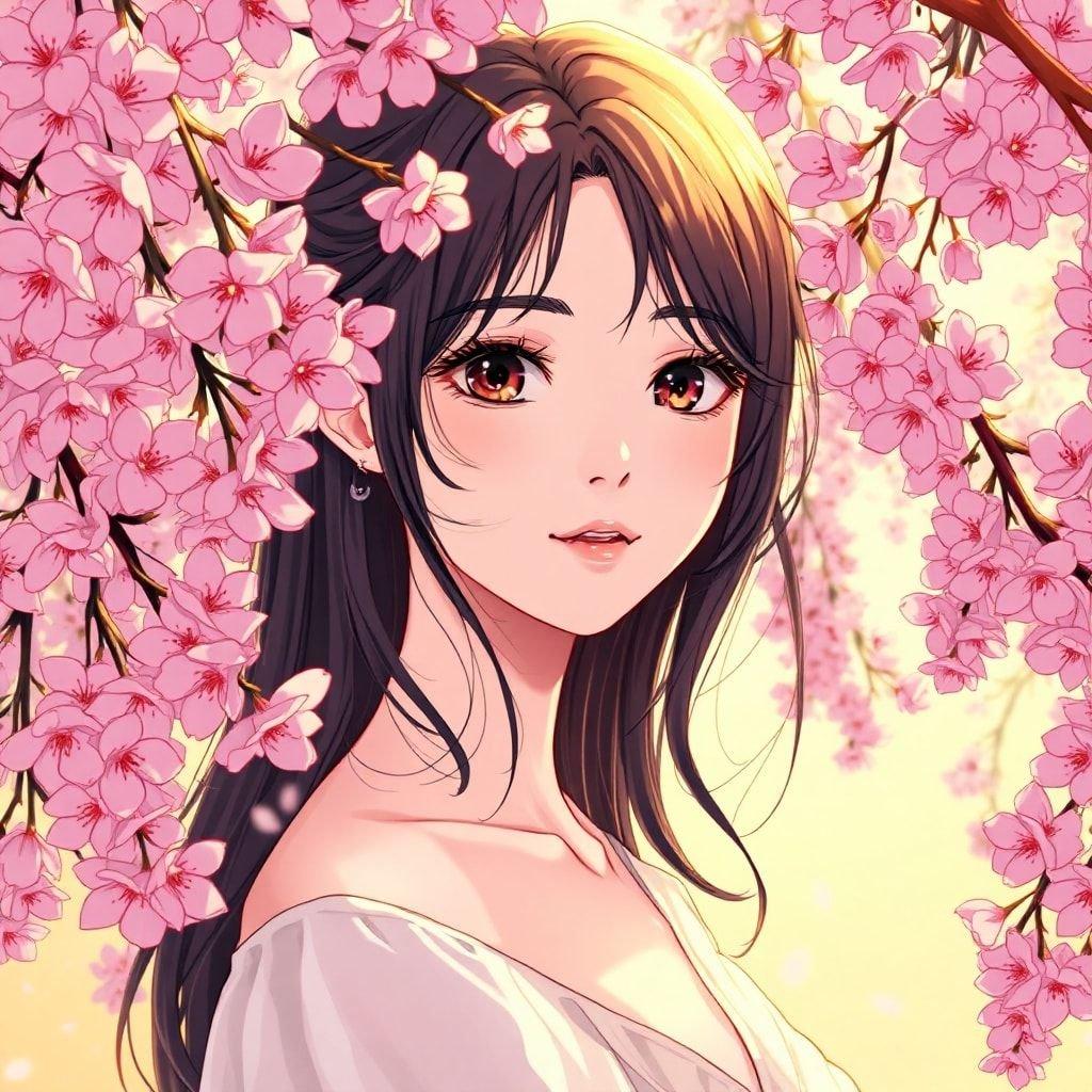 A serene anime illustration featuring a delicate girl with a porcelain skinned face, surrounded by pink cherry blossoms and a golden light.