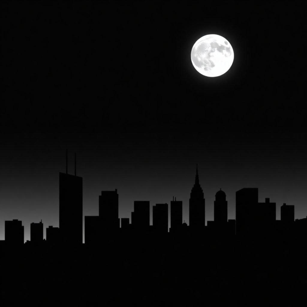 Captivating night scene featuring an illuminated moon casting its glow over a silhouette of towering skyscrapers, evoking a sense of tranquility amidst the urban jungle.