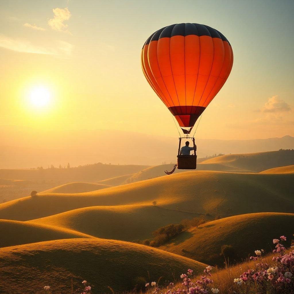 Embark on an enchanting ballooning adventure as the sun paints the sky with warm hues, casting a romantic glow over the picturesque landscape.