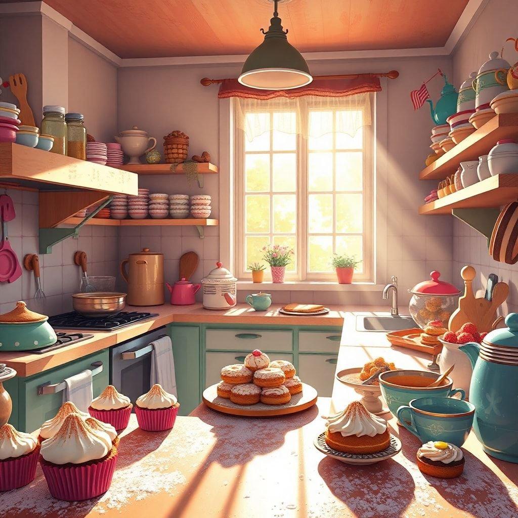 A delightful kitchen scene, perfect for Mother's Day celebrations. The counter is filled with an assortment of freshly baked goods, including cupcakes and cookies, while the oven hints at more delicious treats being prepared.