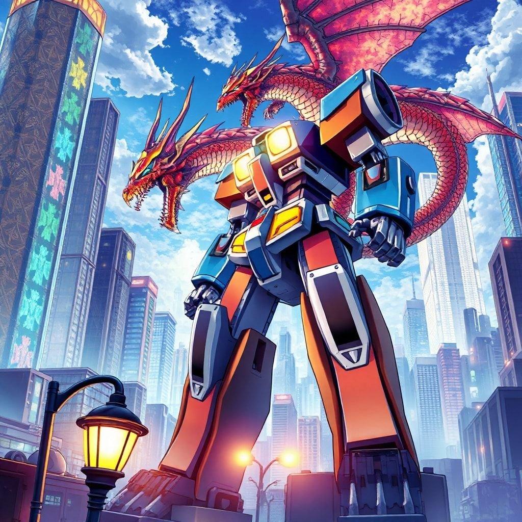 Un'illustrazione anime straordinaria di un robot mecha che combatte un drago maestoso in mezzo a un paesaggio urbano affollato con grattacieli imponenti.