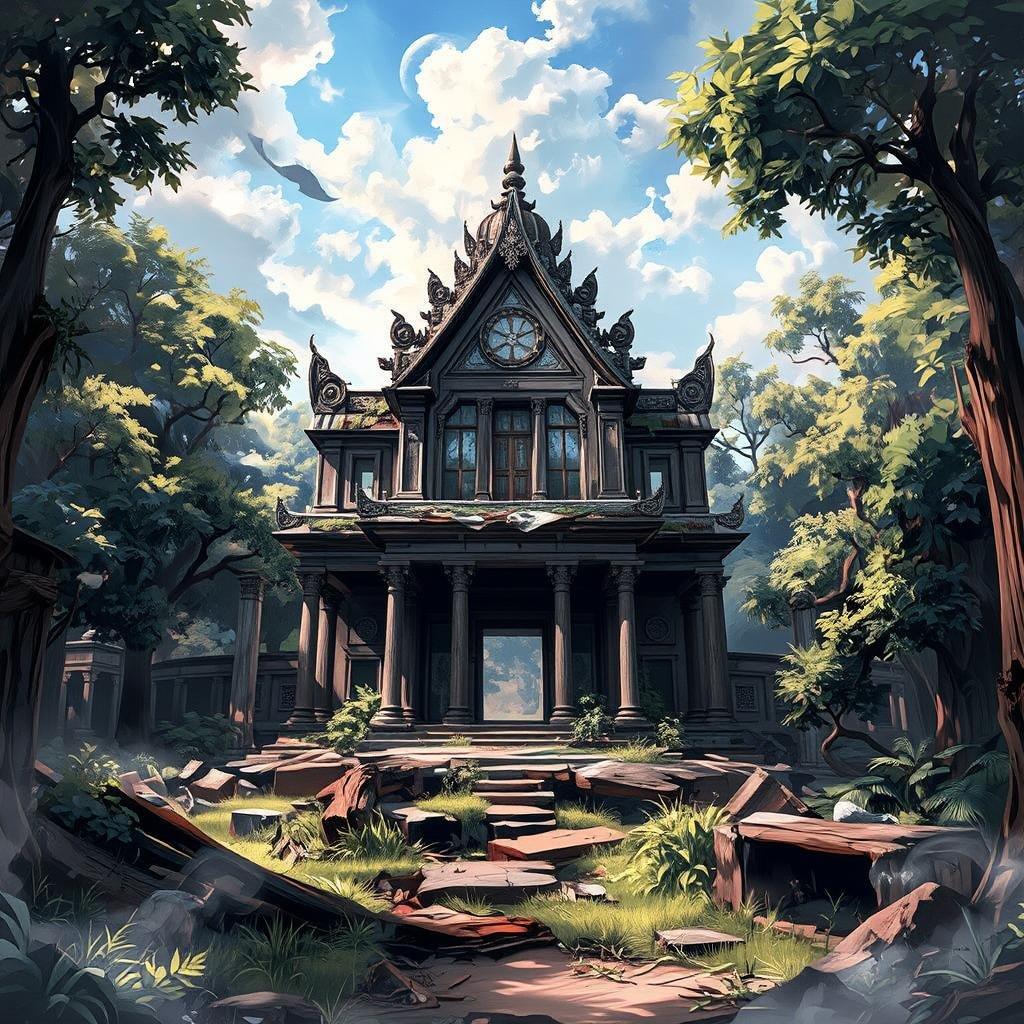 Immerse yourself in the mystical world of anime with this captivating wallpaper featuring an abandoned temple nestled in a lush, mystical forest. The intricate architecture and large windows of the temple showcase the artist's exceptional skill and imagination, while the dreamy sky above adds a touch of enchantment. This illustration captures a moment of stillness, blending the grandeur of the temple with the serene beauty of nature amidst the ruins.