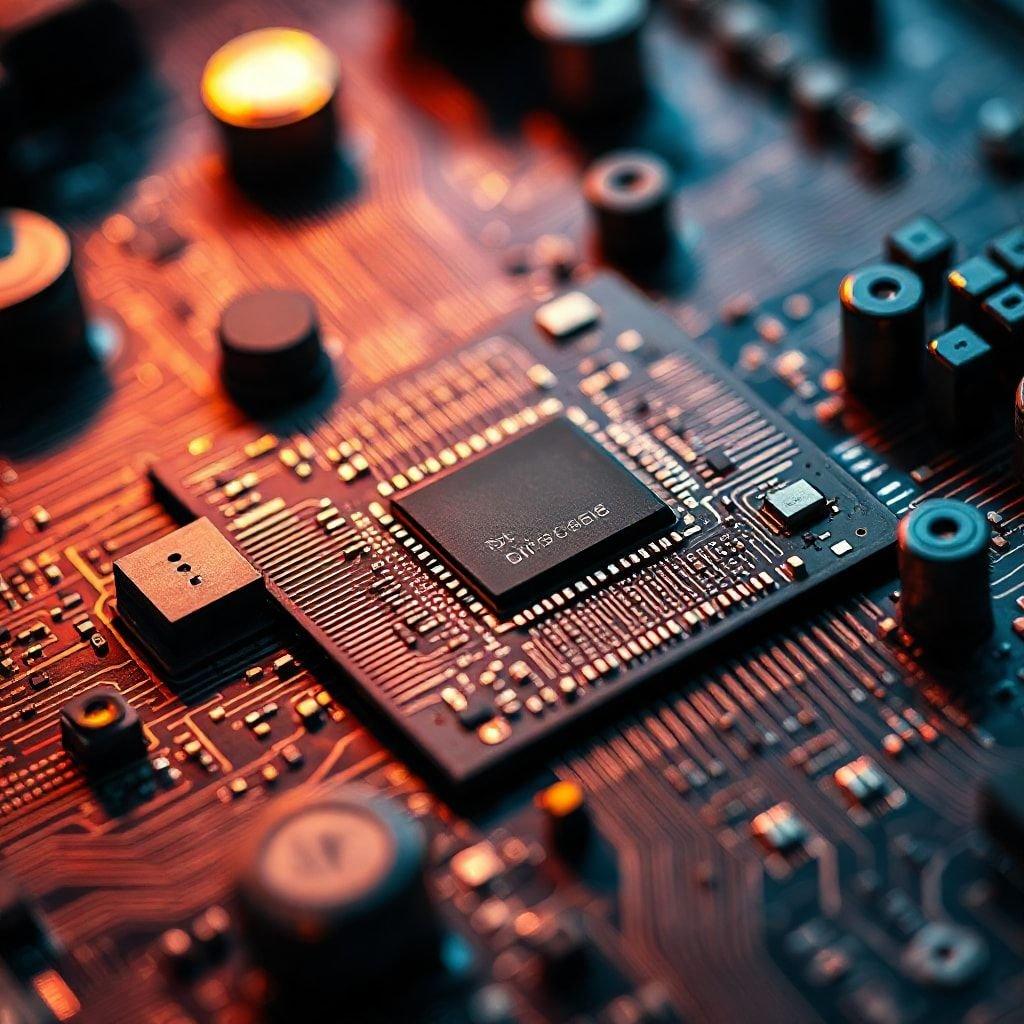 A close-up view of semiconductor components on a circuit board, showcasing the intricate design and manufacturing process behind modern technology.