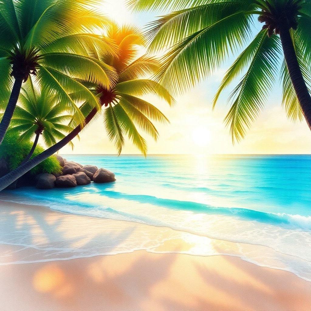 A picturesque beach setting at sunrise, with palm trees swaying gently in the breeze and the calm sea reflecting the warm morning sun. Perfect for a serene desktop wallpaper.