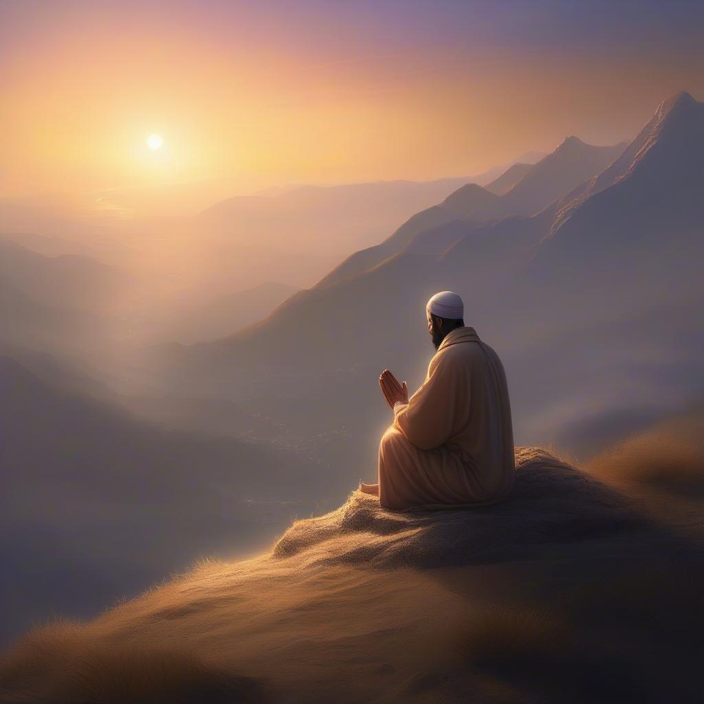 Celebrate the tranquil beauty of the holy month with this peaceful depiction. Featuring a serene landscape and a figure in traditional attire, it encapsulates the essence of Ramadan's reflection and spiritual connection.