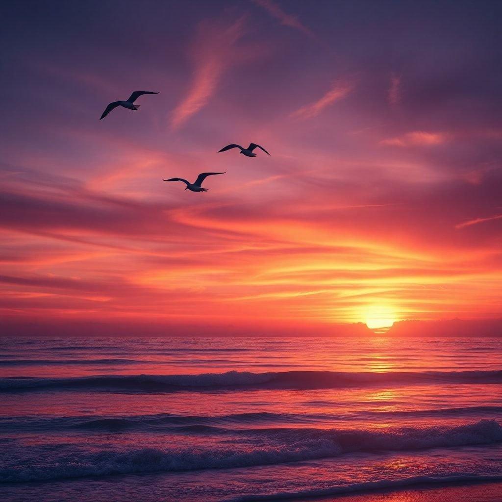 A serene beach scene at sunset with three birds soaring in the sky, reflecting a warm and calming vibe.