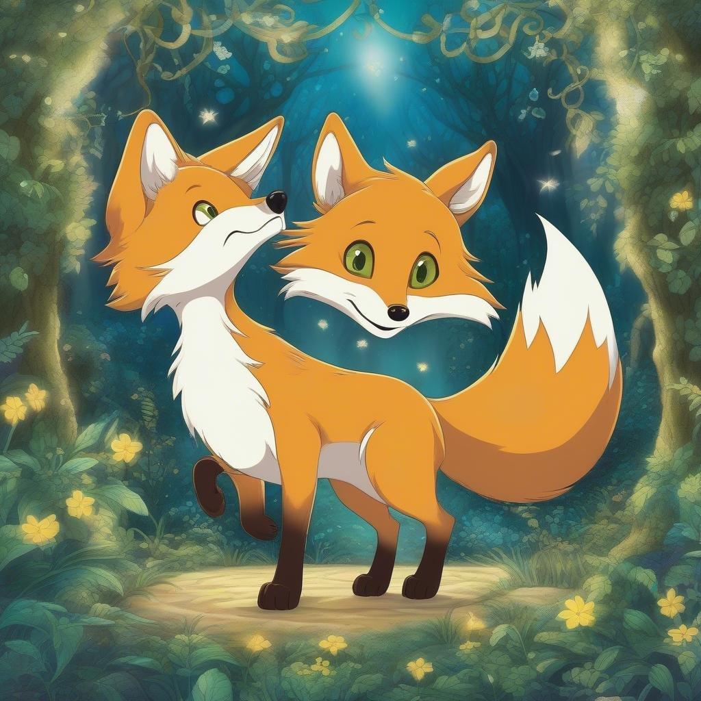 Denna anime-stil fox bakgrund är perfekt för användning på skrivbord och mobil. Räven avbildas dansande i en skog av drömlika bilder, med sina stora ögon och breda leende som bidrar till den fantasifulla atmosfären.