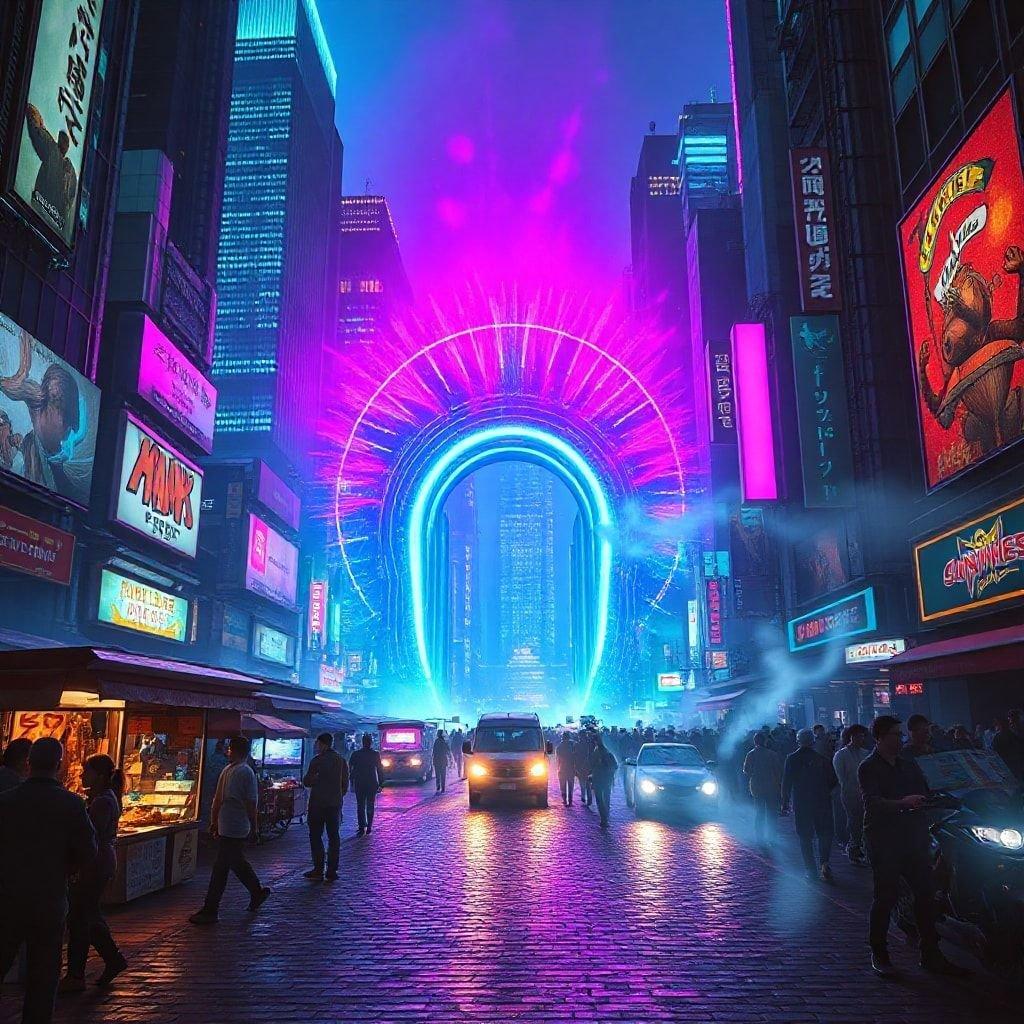 This vibrant wallpaper captures the essence of a neon-lit cityscape, perfect for desktop and mobile use. The image features a futuristic city with towering skyscrapers and a bustling street scene, all bathed in a kaleidoscope of neon lights. The colors are bright and bold, with a mix of blues, purples, and pinks that evoke a sense of energy and excitement. The overall effect is one of dynamic movement and futuristic style, making this wallpaper a great choice for anyone who loves the look and feel of a cyberpunk city.