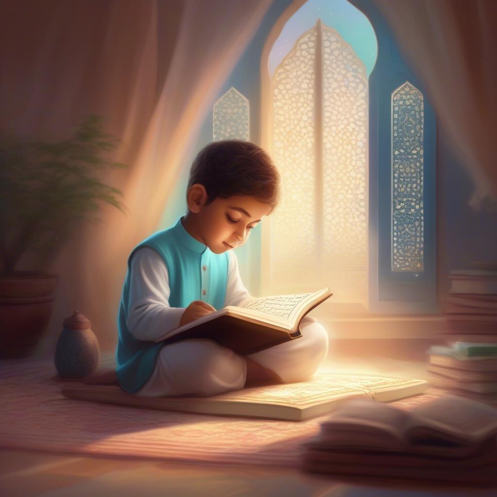 The image depicts a young boy engrossed in reading the Koran, a central activity during the holy month of Ramadan. The setting is cozy and warmly lit, possibly indicating a serene and peaceful environment for prayer or study.