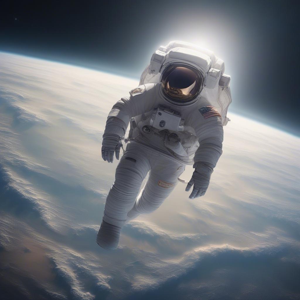 Dette billede fanger ånden af rumforskning med en astronaut i rumdragt, klar til at tage af sted fra Jorden ind i kosmos. Universets enormitet og skønhed fremkaldes af baggrunden af planetens overflade med solen, der skinner klart i det fjerne.