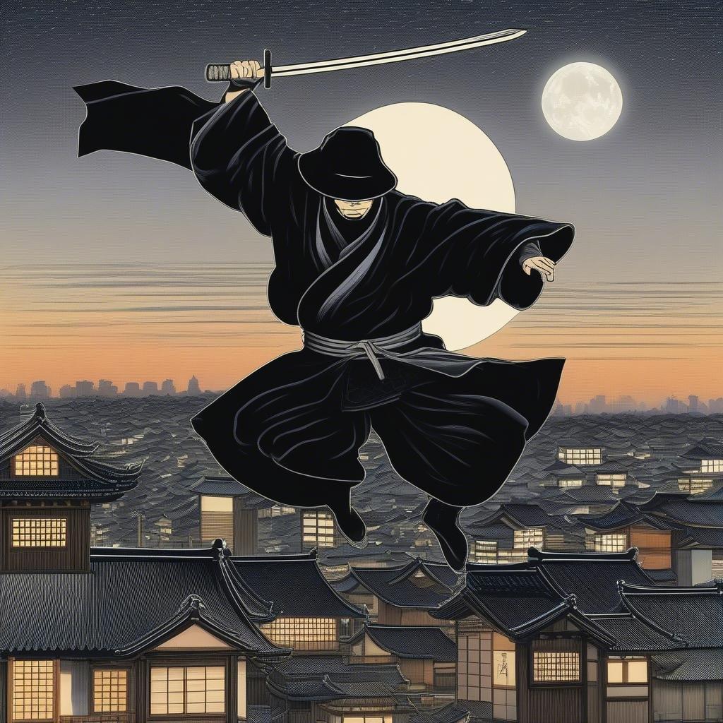 Entrez dans un monde de discrétion et d'aventure avec ce fond d'écran anime captivant. Un guerrier ninja saute d'un toit à l'autre au cœur de Tokyo, sa cape et son chapeau noirs se fondant parfaitement dans le ciel nocturne.