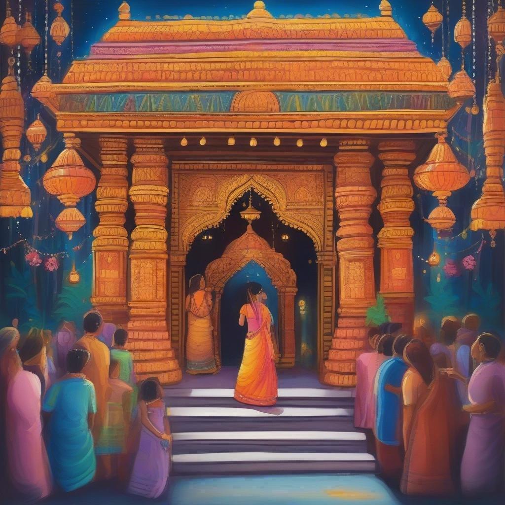 A vibrant festival scene with people gathered to celebrate the Hindu holiday of Diwali. The atmosphere is festive and joyful as they visit the temple for offerings and blessings.