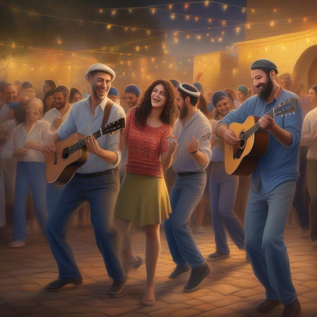 A joyful Hanukkah scene featuring people dancing and celebrating. A couple in the center are playing guitar, surrounded by friends clapping hands and smiling.