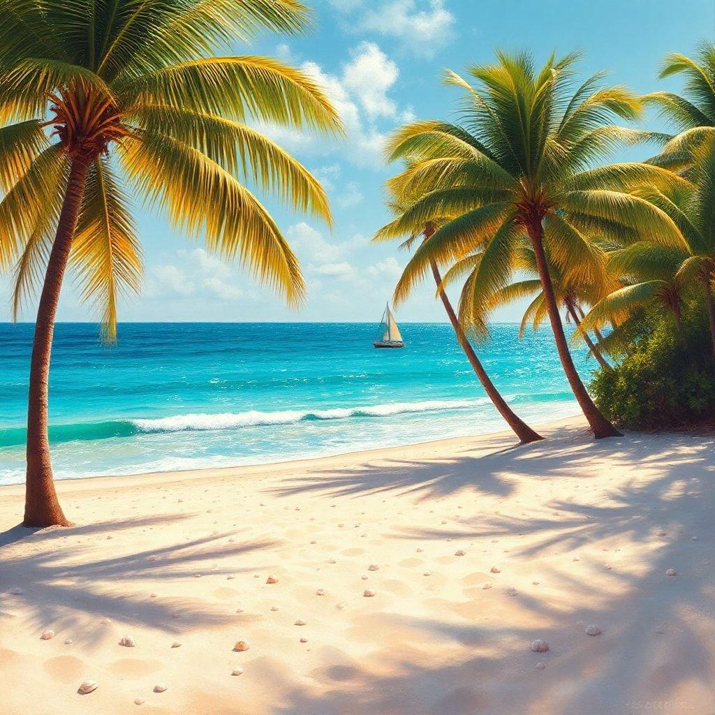 A serene and picturesque view of a tropical beach, featuring palm trees and a sailboat on the ocean, perfect for desktop and mobile wallpapers.