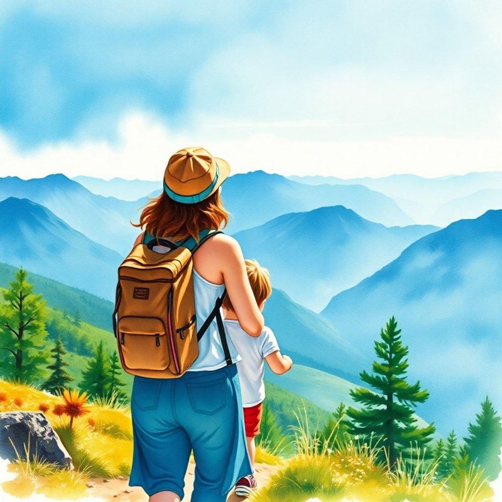 A mother and child embark on an outdoor adventure, hiking through a scenic mountain trail. They're surrounded by nature's beauty, with mountains in the distance and lush greenery all around.