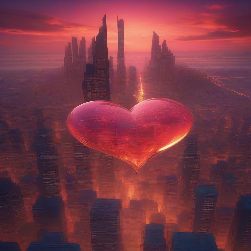 In this futuristic city, the heart symbolizes love's enduring presence amidst urban decay. The red glow illuminates the desolate landscape, reflecting off the shattered glass and concrete of what was once bustling with life.