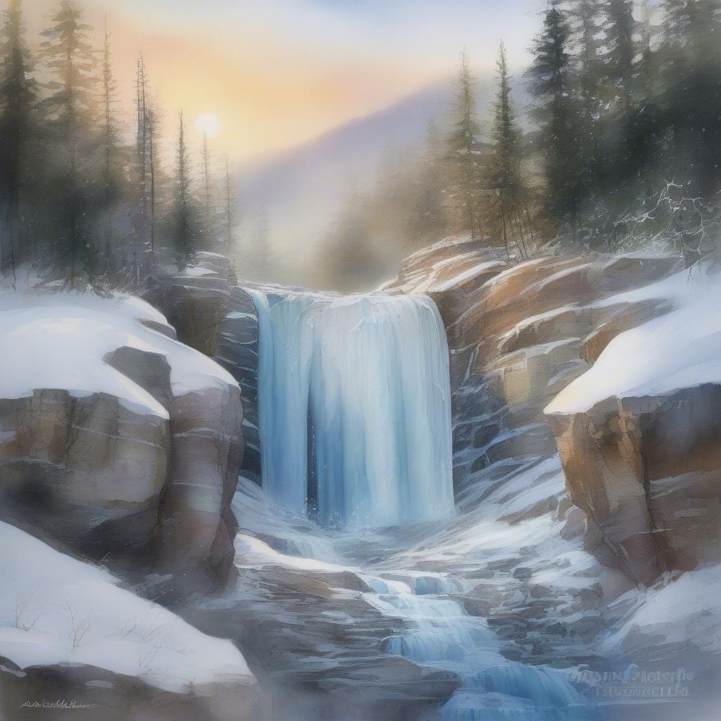 A breathtaking frozen waterfall in a snowy landscape, surrounded by tall trees and snow-covered rocks, creating a sense of tranquility and natural beauty.