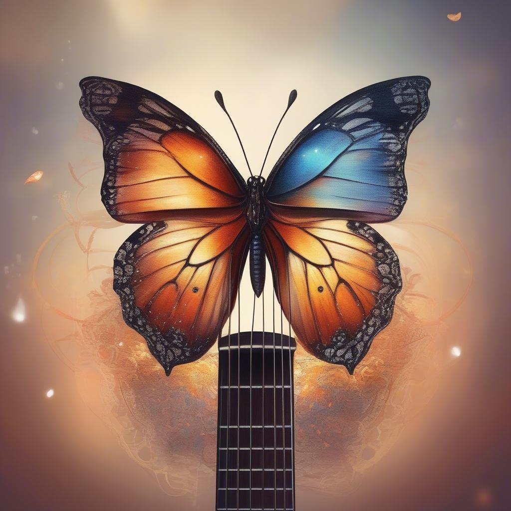 Add a touch of whimsy to your desktop or mobile device with this beautiful butterfly guitar wallpaper. The image features a stunning butterfly perched on the strings of a guitar, creating a unique and eye-catching design.