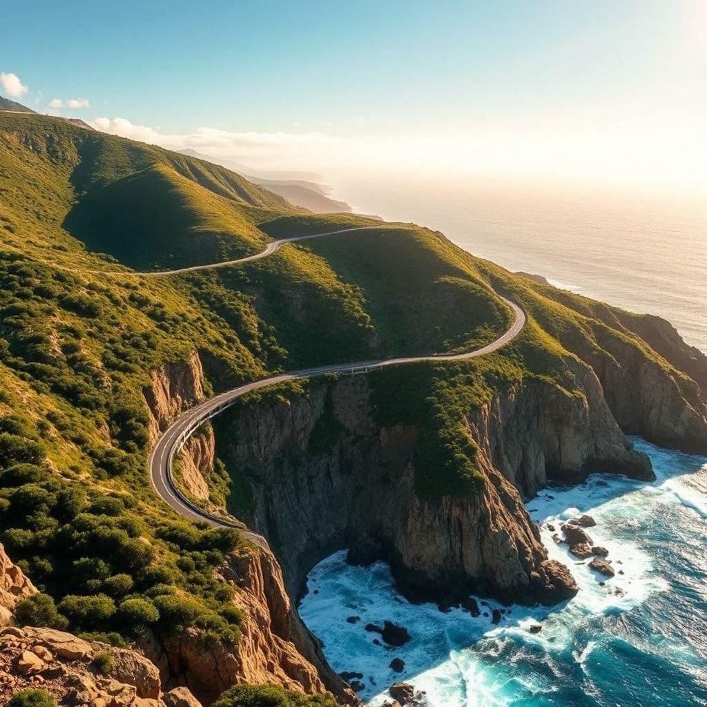 This serene image captures a winding road that hugs the coastline, offering breathtaking views of the ocean. The road, lined with lush greenery, winds its way through the cliffs, providing a sense of adventure and freedom. The ocean's waves crash against the shore, creating a soothing melody that complements the peaceful atmosphere. This image is perfect for those who love to travel and explore new destinations, and it's sure to inspire a sense of wanderlust in anyone who sees it.