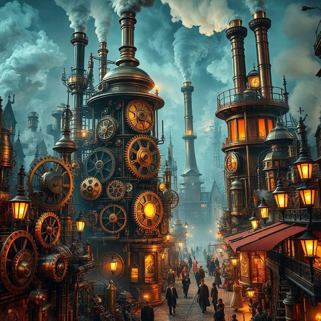 A bustling scene from a fantasy world, showcasing towering clockwork factories and steam-powered machinery in the midst of night. The town is alive with the hum of gears, the hiss of steam, and the glow of street lamps illuminating the cobblestone streets.