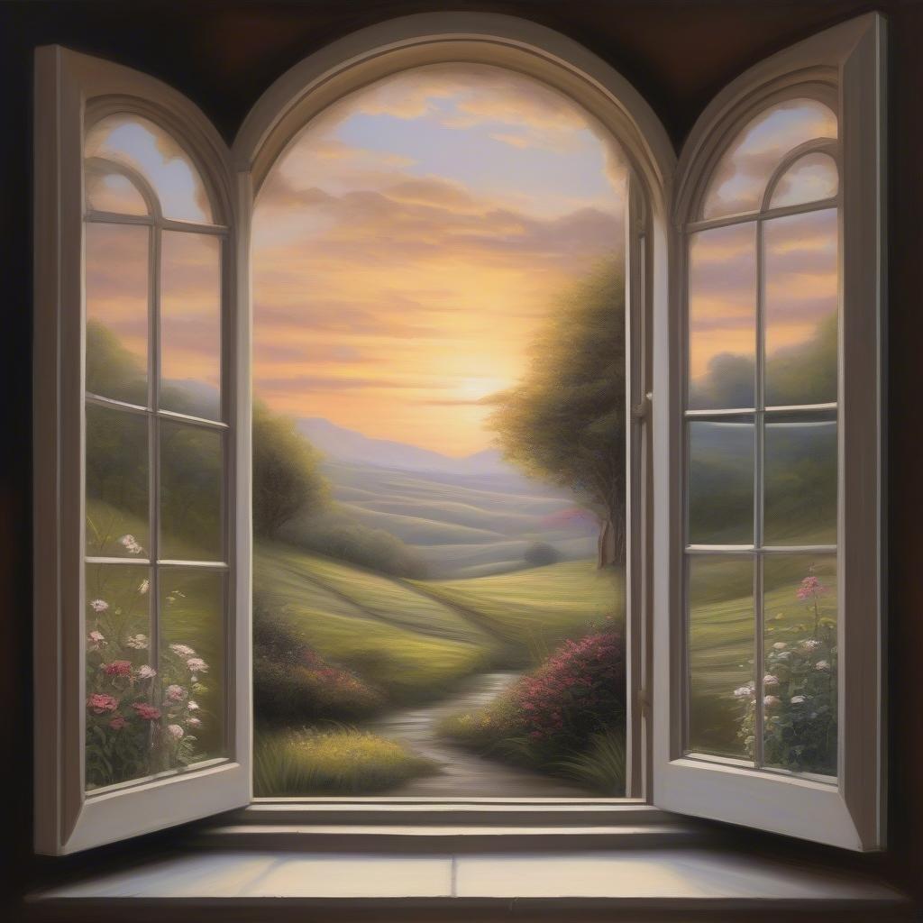 A romantic scene with an open window overlooking a serene landscape at sunset.