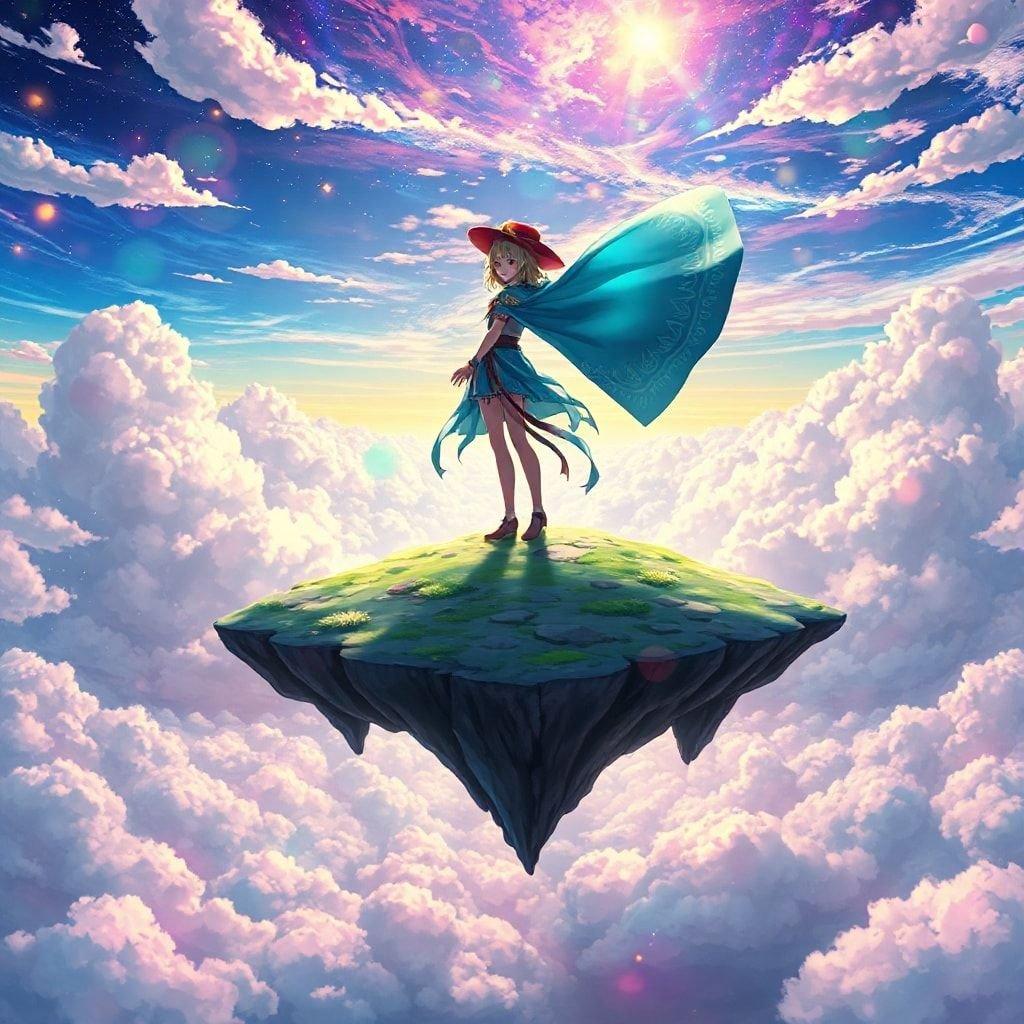 En esta imagen de fondo de pantalla inspirada en el anime, un guerrero enigmático se encuentra en una isla flotante, rodeado por un vasto paisaje de nubes y un cielo vibrante. El personaje está representado con una capa azul-verde ondeando al viento y un sombrero rojo en su cabeza, añadiendo un sentido de movimiento a la escena.