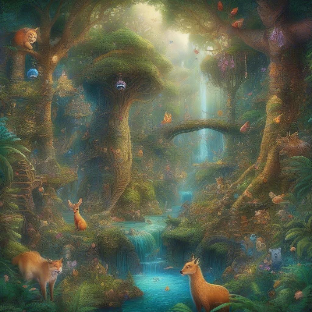 A fantastical forest scene, perfect for a magical back-to-school wallpaper. Red pandas frolic in the misty atmosphere, while friendly creatures like deer and a frog observe from the shadows.