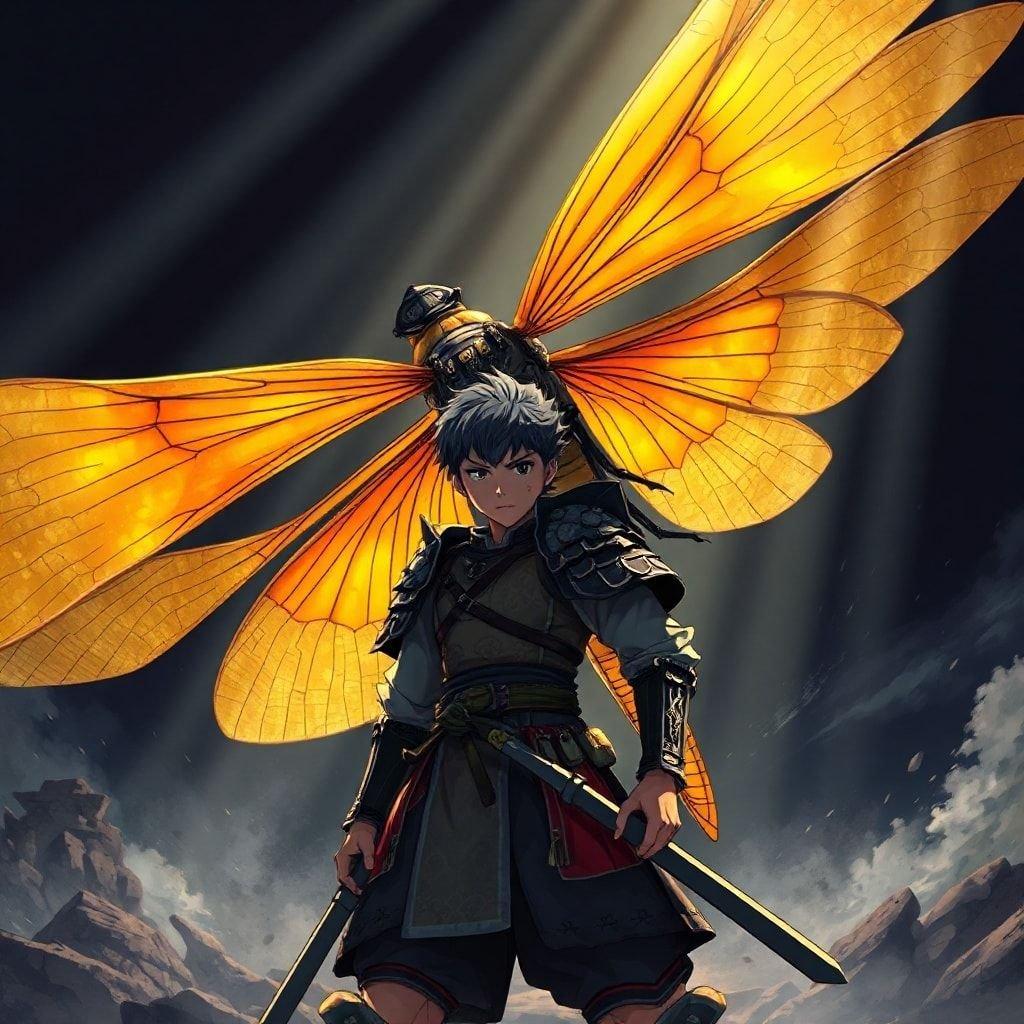 In this detailed anime illustration, we see a young samurai in action against a giant dragonfly. The dragonfly has sharp claws gripping the samurai's back, while its vibrant orange and yellow body adds a dynamic element to the scene. Both characters are set against a dark background, making their intense encounter the focal point of this wallpaper.