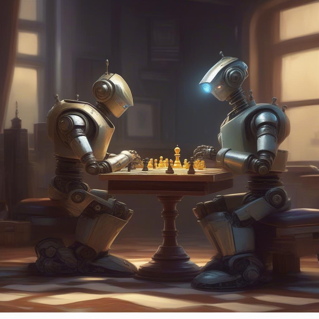 This image is a wallpaper featuring two robots playing chess. The robots are depicted in a futuristic setting, with a chessboard and pieces in the middle of the room. The robots are positioned on either side of the board, intently focused on their next move. The image is rendered in a realistic style, with detailed textures and lighting effects that create a sense of depth and atmosphere. The overall effect is one of calmness and concentration, as if the robots are completely absorbed in the game.