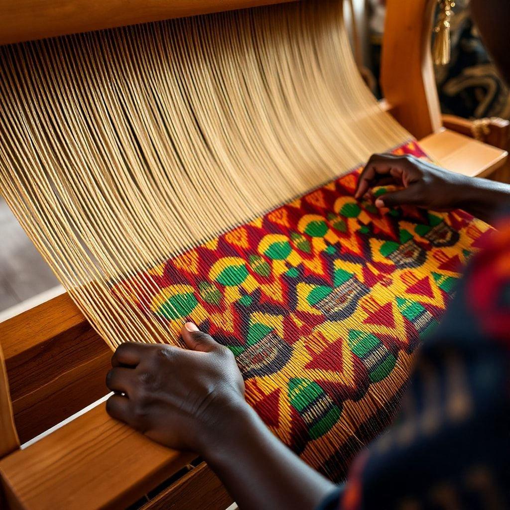 Experience the vibrant artistry of weaving with this captivating close-up of hands at work on a traditional loom. This richly textured tapestry showcases a blend of cultural and traditional craftsmanship.