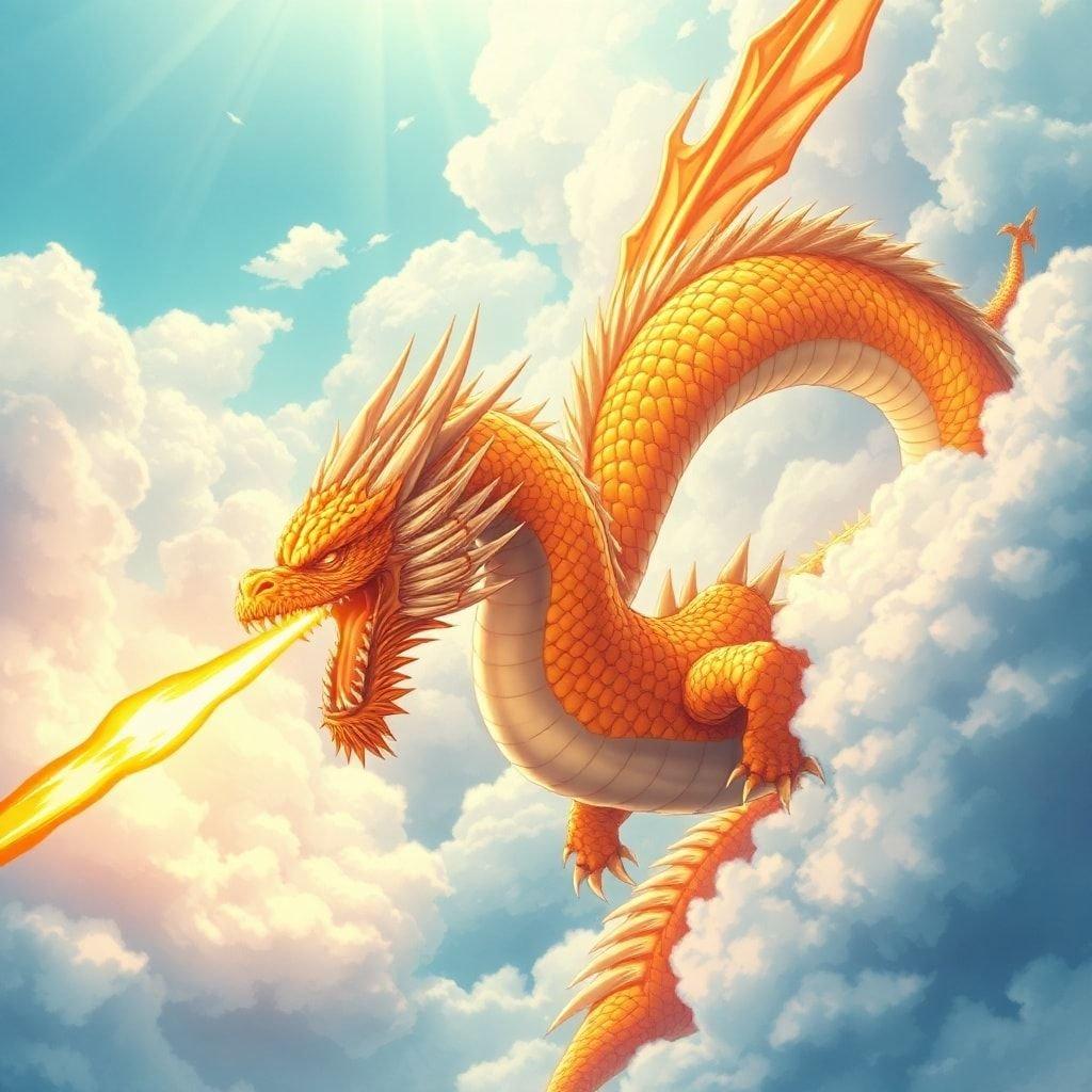 A breathtaking illustration of a majestic dragon soaring through clouds, its fiery orange and yellow scales glistening in the sunlight.