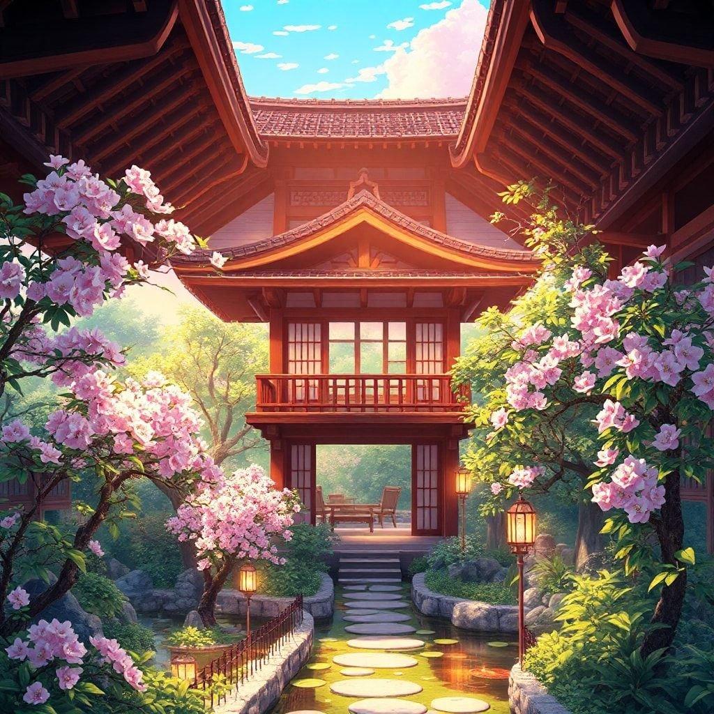 Immerse yourself in the serene beauty of an anime-style temple garden, where ancient architecture meets vibrant nature.