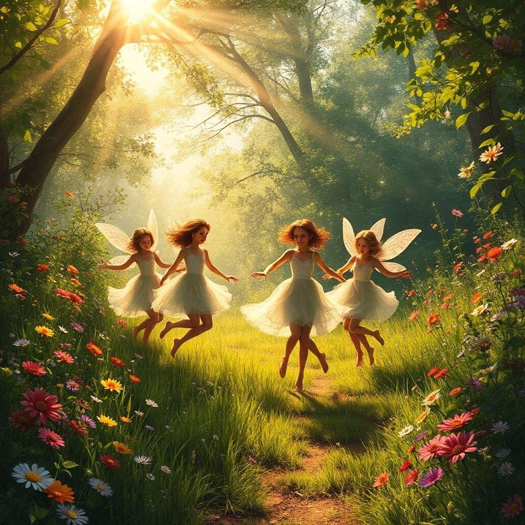 Four delightful fairy girls dancing together on a flower-strewn path, with rays of sunshine reaching through the trees.