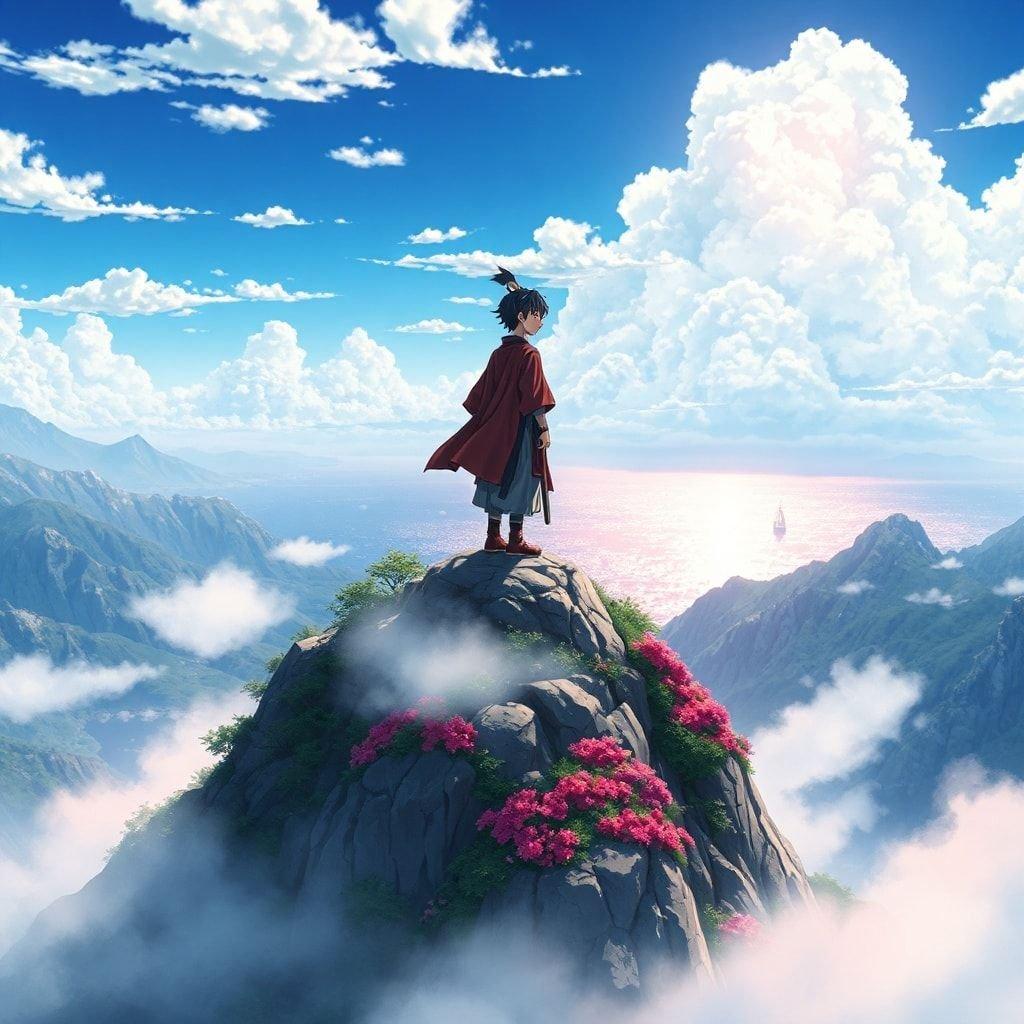 This captivating anime wallpaper features a young samurai standing on top of a mountain peak, gazing out at a breathtaking view. The misty mountain landscape is adorned with trees and bushes, while the background showcases a large body of water with a small boat in the distance, set against a bright blue sky with scattered clouds.